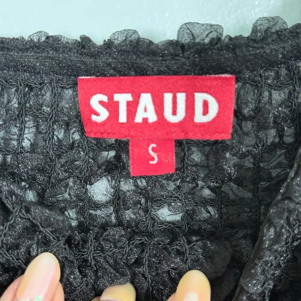 STAUD Cannon Organza Smocked Puff Sleeve Crop Top Black Size Small